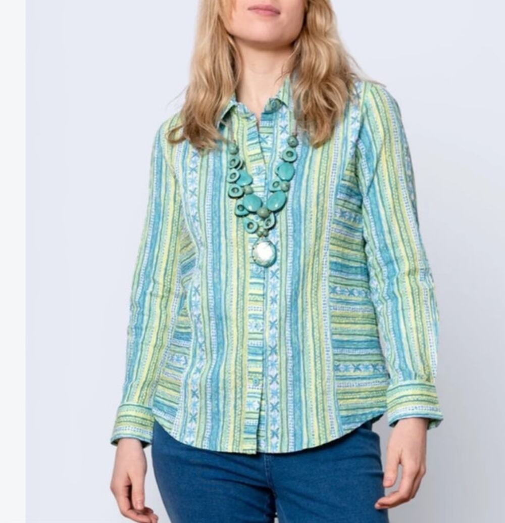 Habitat Clothes to Live In XL Blue Green Stripe Cotton Button Front Shirt Top